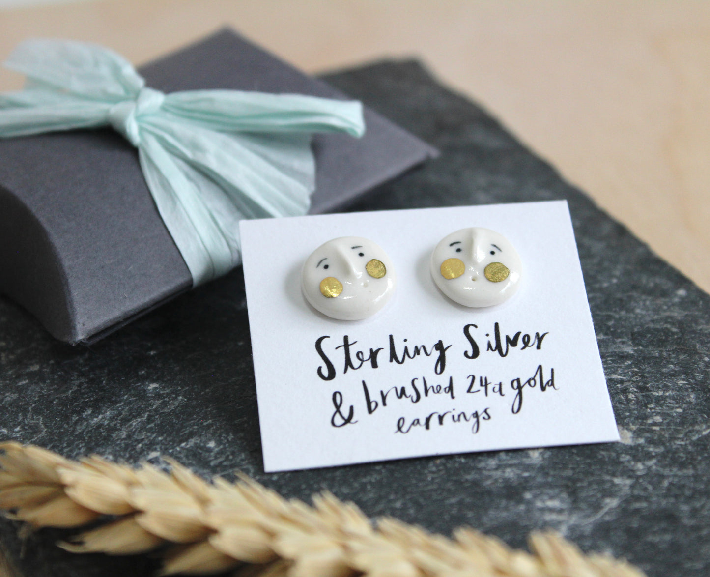 Handmade Ceramic Earstuds with Brushed Gold Lustre