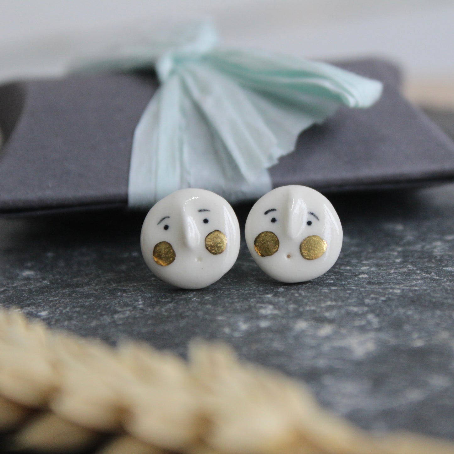 Handmade Ceramic Earstuds with Brushed Gold Lustre